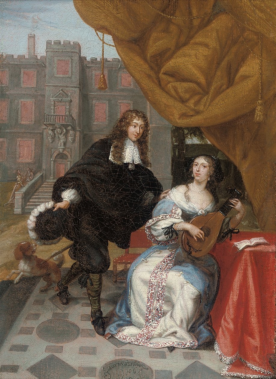 中庭で女性の音楽制作を求愛する紳士、1668年 作： ヤコブ・ド・フルメントロウ
