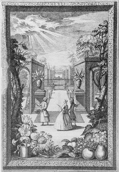 ヘンリー・フレッチャー（1729年頃）が彫った「Catalogus Plantarum」の扉絵。 作： ジェイコブ・ヴァン（後）ハイサム