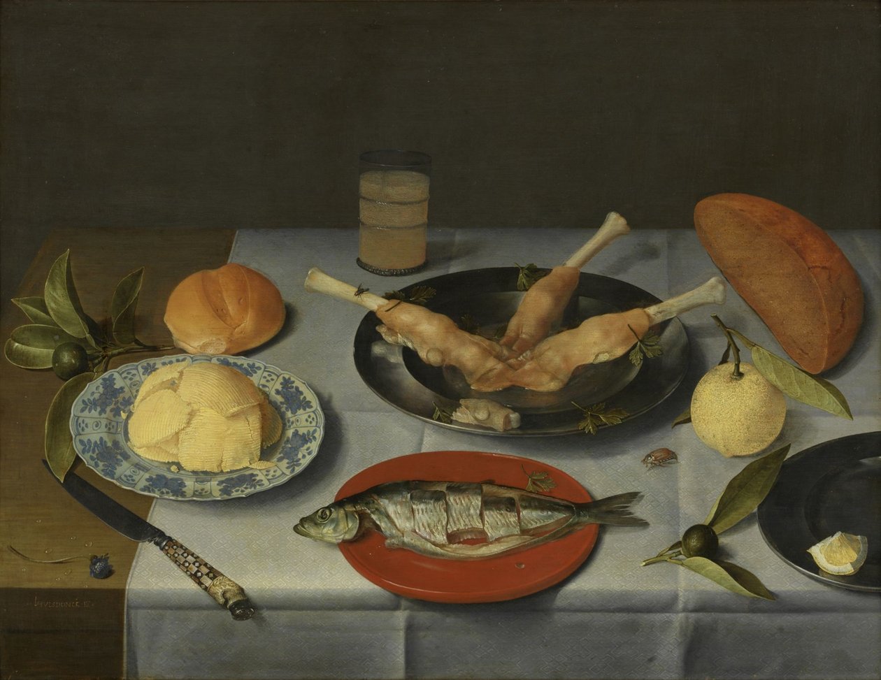 パン、チーズ、魚、ビールの朝食c。 1615 作： ヤコブ・ファン・フルスドンク