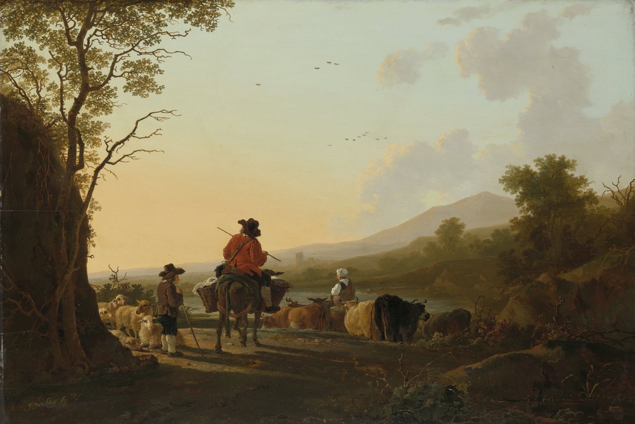 キャトルドライバーと羊飼いのいる風景、c.1780-85 作： ジェイコブ・ファン・ストリジ
