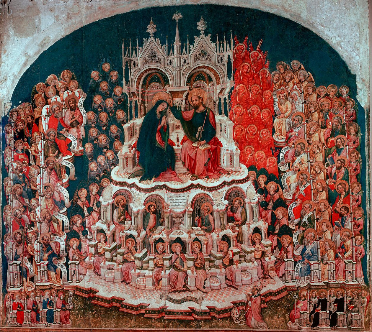 ジャコベッロ・デル・フィオーレ（1370-1439）の木版画「楽園における聖母の戴冠式」。15世紀 ヴェネチア・アカデミア美術館のギャラリー 作： ヤコベロデルフィオーレ