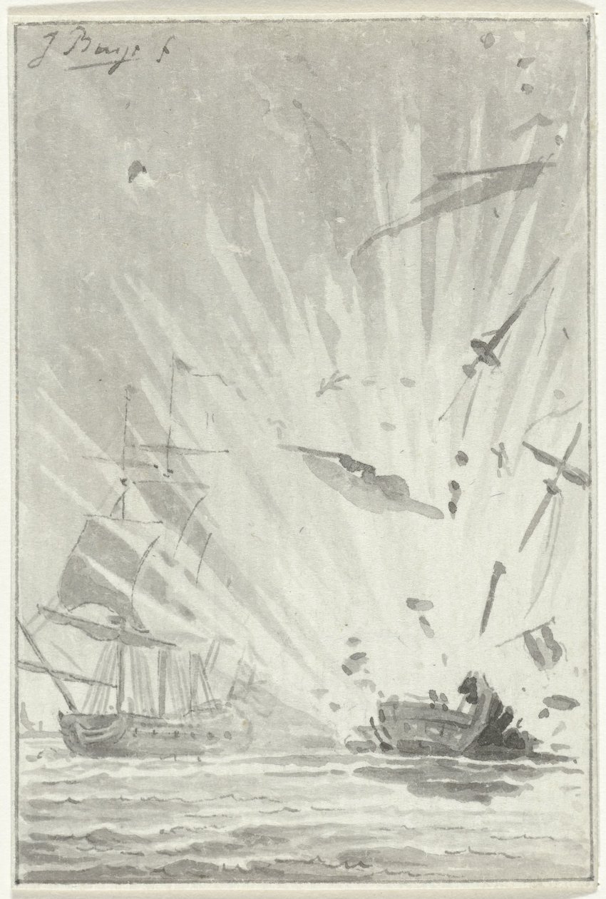1781 年 8 月 14 日、イギリスの船カメレオンとの戦闘中のオランダの私掠船デ ダペール パトリオットの爆発 作： ジェイコバスが買う