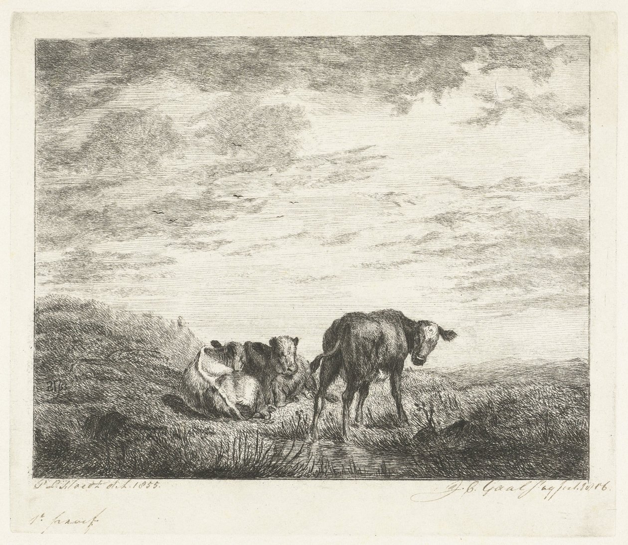 3頭の子牛 作： Jacobus Cornelis Gaal（アーティストによる署名）