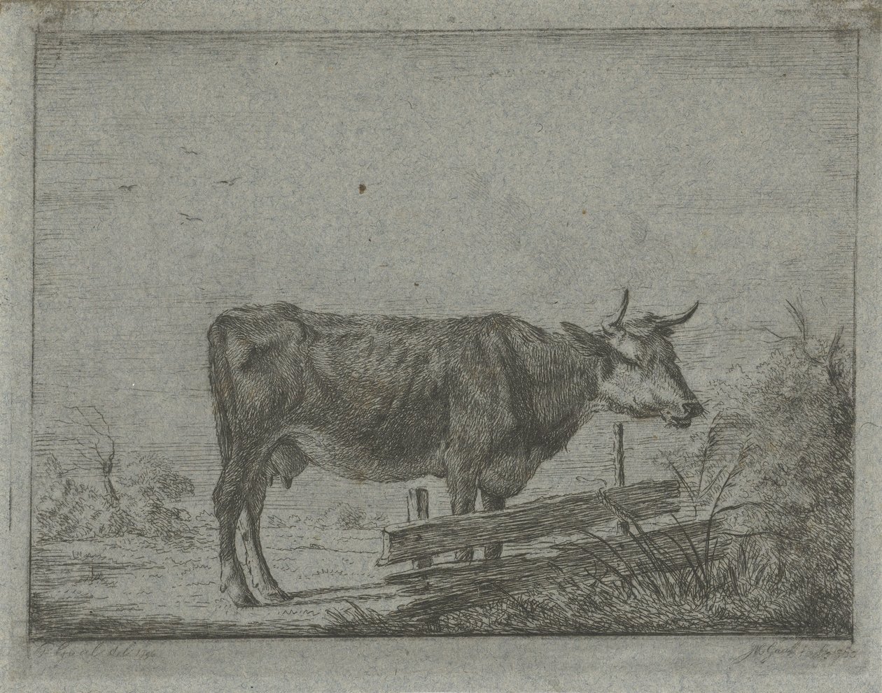 フェンスのそばに立つ牛 作： Jacobus Cornelis Gaal