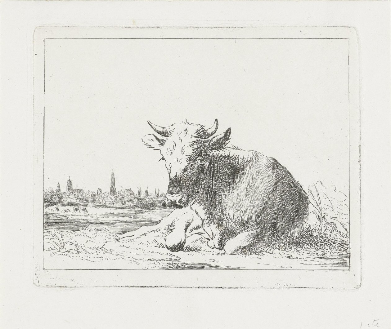 横になっている牛、背景には都市 作： Jacobus Cornelis Gaal