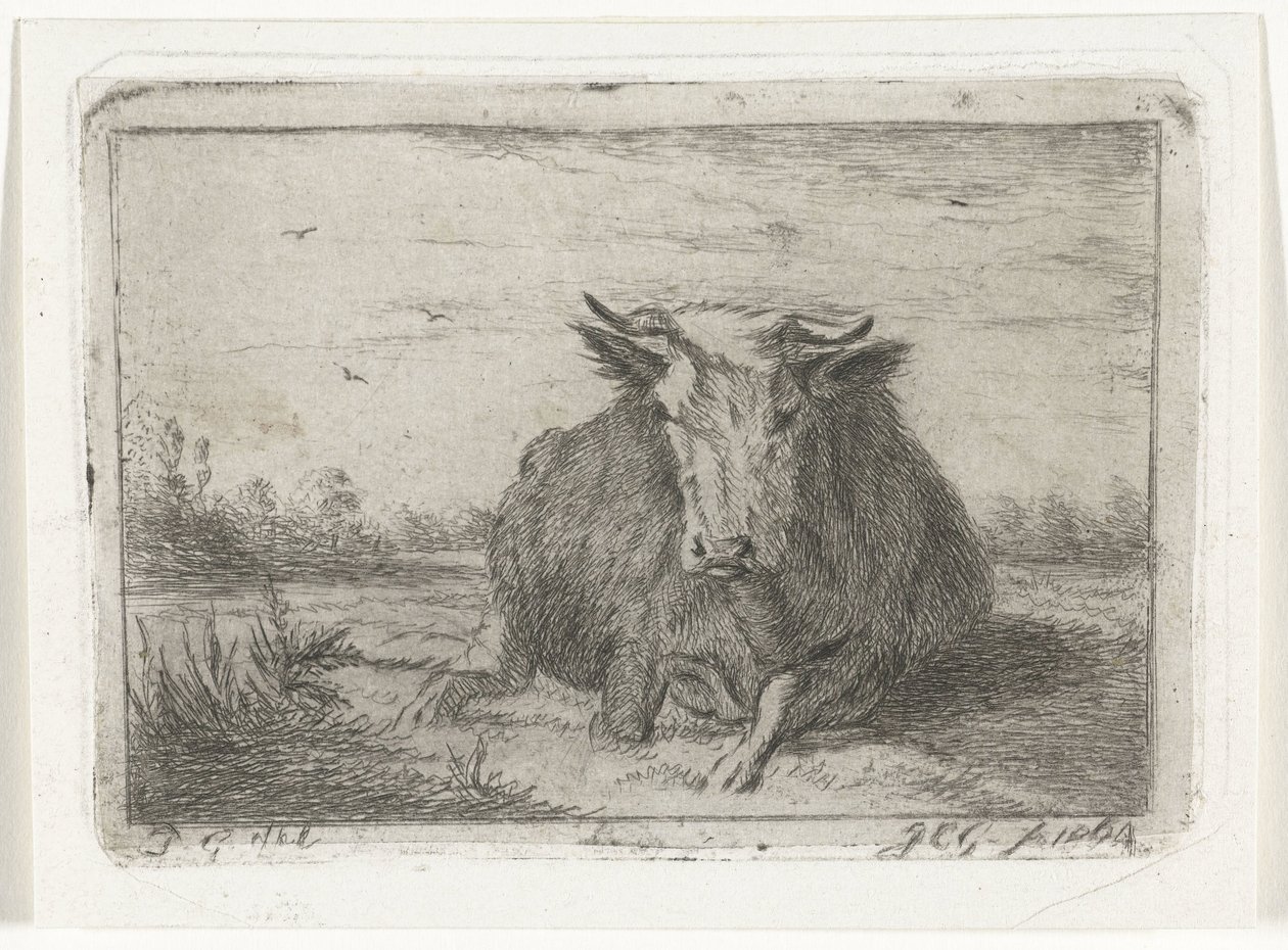 正面から見た横たわる牛 作： Jacobus Cornelis Gaal