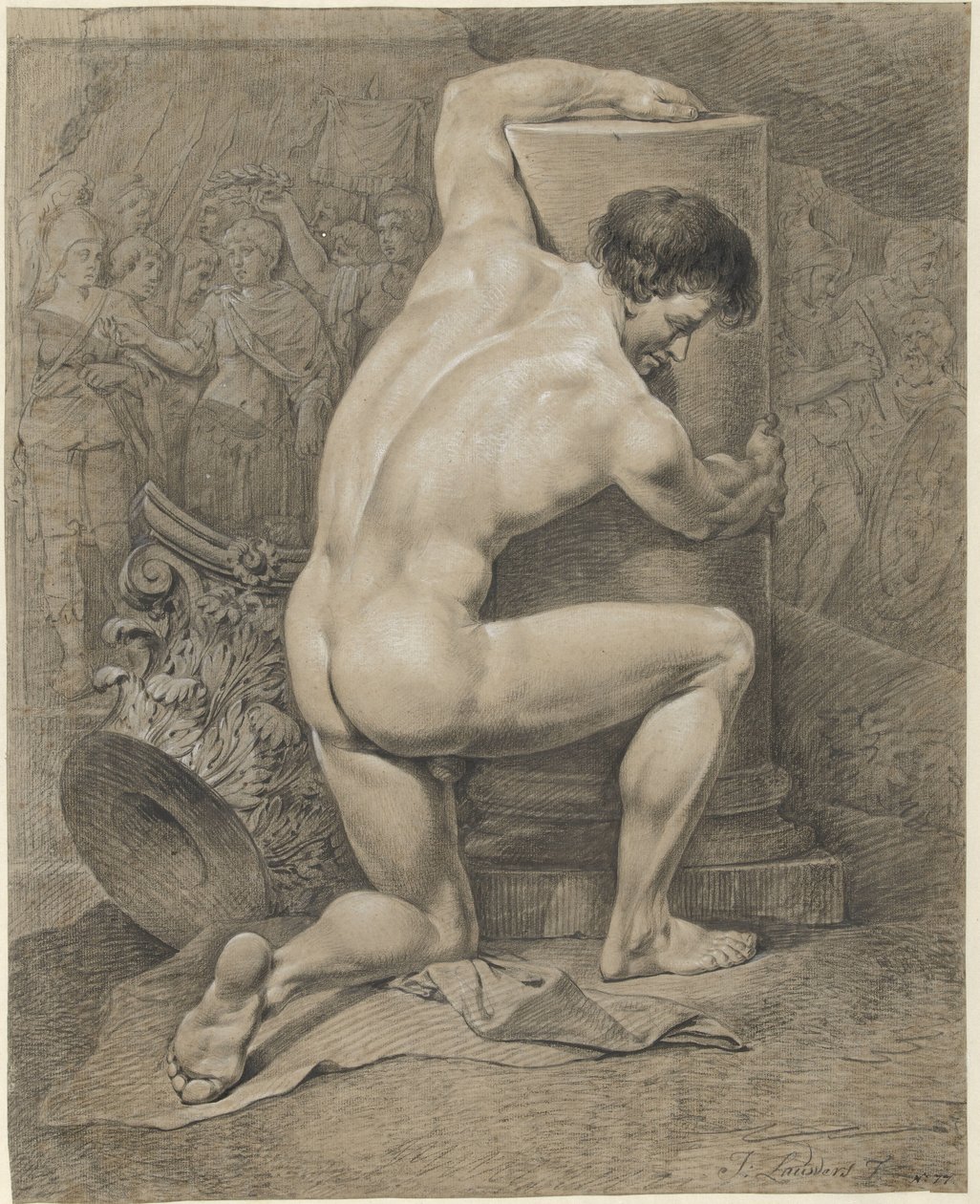 ひざまずく男性ヌード、右の柱に腕を回す 作： Jacobus Johannes Lauwers