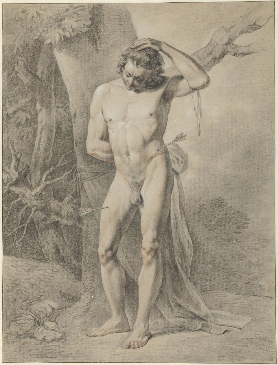 木の前に立っている男性のヌード 作： Jacobus Johannes Lauwers