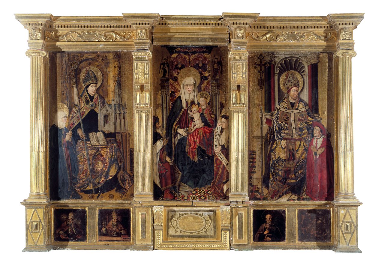 聖イルデフォンソ（667年没、トレデ司教）とヒッポの聖アウグスティヌス（354年～430年頃、ベルベル人の哲学者・作家）の祭壇画。ジャウメ・バコ・ディ・ジャコマール（1410-1461）による絵画。木に油彩、1450年頃、ルネサンス美術。カテドラル・サント・マリー・ラ・セウ（Cathedrale Sainte Marie la Seu 作： ジャコマート（c.1413 61）バコ