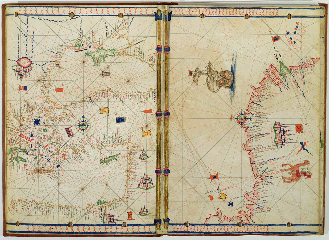 Ms Ital 550.0.3.15 fol.4v-5r &39;Carte Geografiche&39;（vellum）の東地中海沿岸と島々の地図 作： ジャコポ・ルッソ