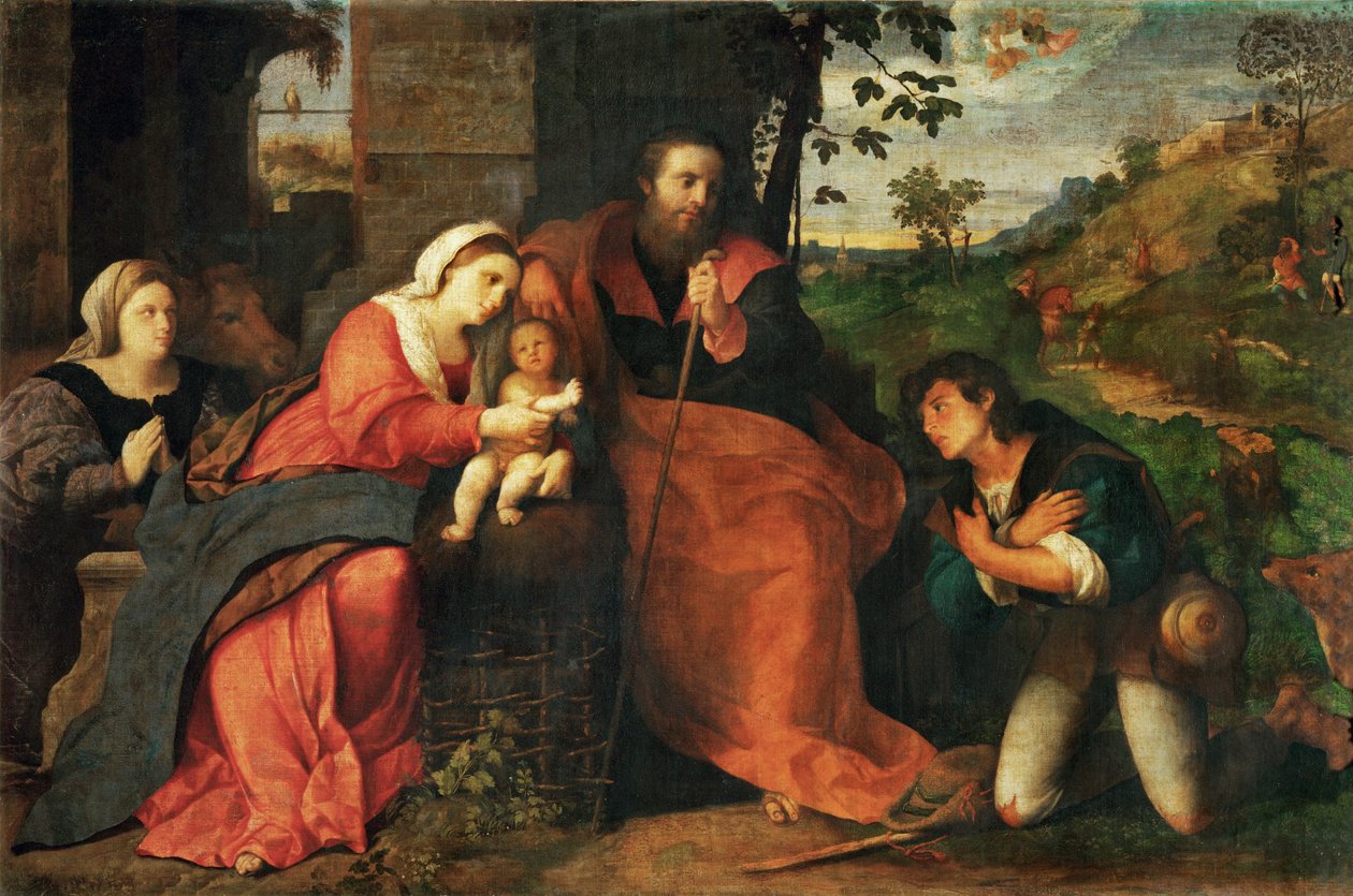 羊飼いの礼拝と女性ドナー... 作： ジャコポ（c.1480-1528）パルマ