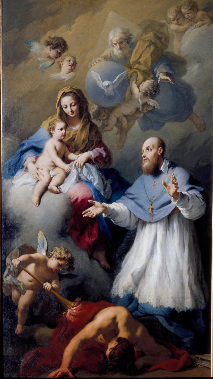聖母子と聖フランソワ＝ド＝サール（1567-1622）、ジュネーヴの前夜祭 イエス・キリスト、神、聖霊の鳩による三位一体の表現。ヤコポ・アミゴーニ（1675-1752）による絵画 1743年 ヴェネツィア、サンタ・マリア・デッラ・ファーヴァ教会 作： ヤコポ・アミゴニ
