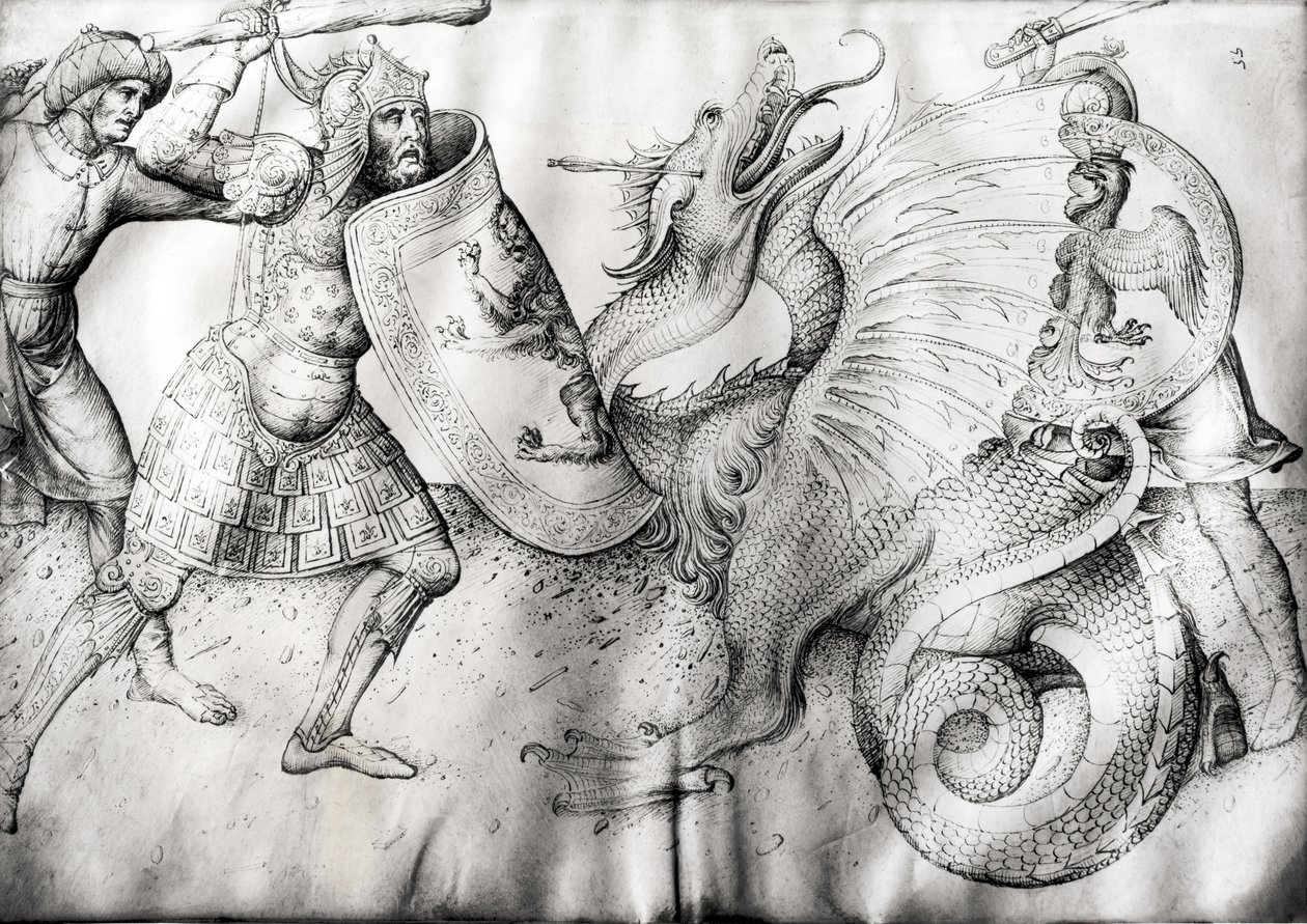 戦士とドラゴンの戦い、c.1450（ベラムにインク） 作： ヤコポ・ベリーニ