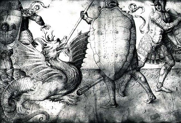 ドラゴンと戦う戦士、1450年頃（ベラムのインク） 作： ヤコポ・ベリーニ