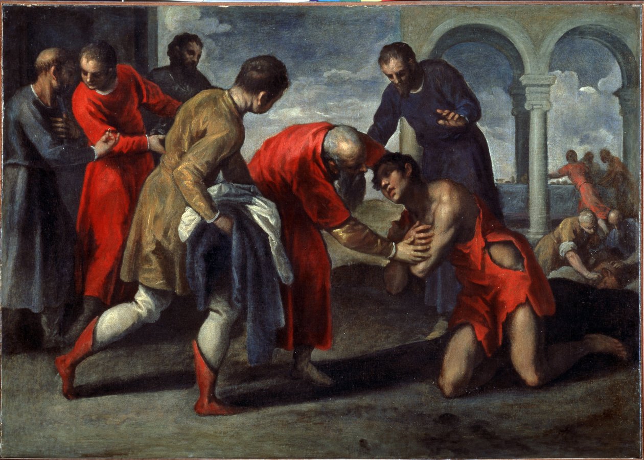 放蕩息子の帰還。 ヤコポ・パルマ・イル・ジョヴァン・ザ・ヤンガー（1544-1628）による1600年以降の絵画。キャンバスに油彩。 イタリアの芸術、マニエリスム スタイル。 アカデミア美術館、ヴェネツィア 作： ジャコポイルジョヴァンパルマ