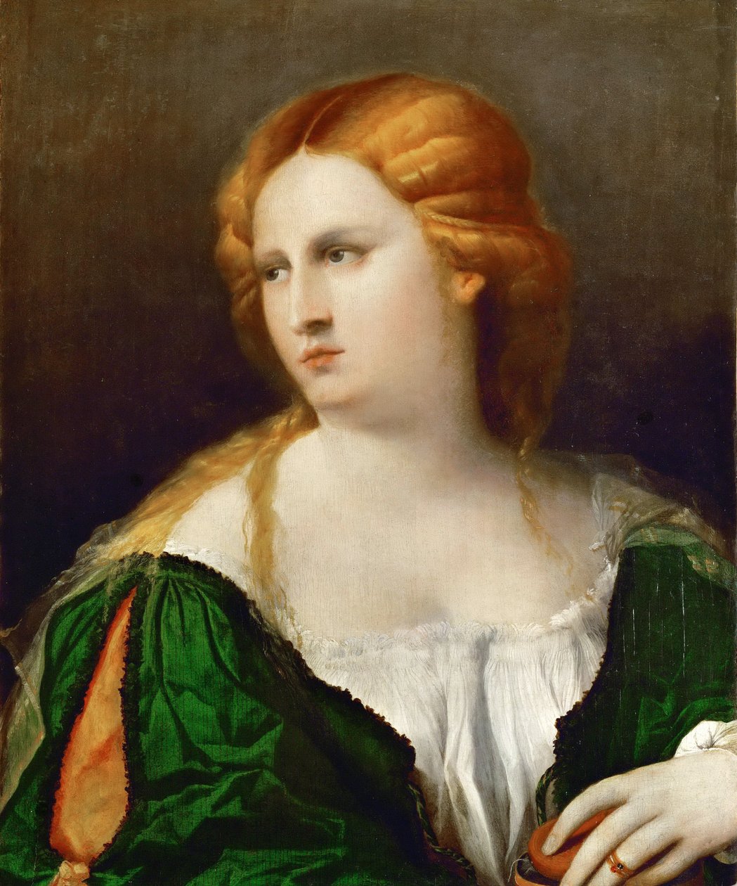 緑のドレスの若い女性、手にボックス、1514年頃 作： ヤコポ・パルマ・イル・ヴェッキオ・ザ・エルダー