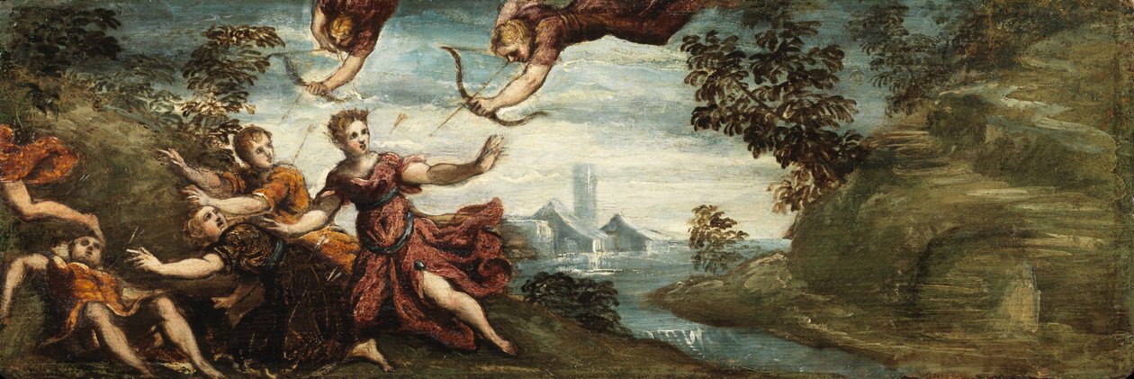 ナイオビの子供たちを殺すアポロとアルテミス 1545-48年頃（パネルに油彩 作： Jacopo Robusti（のワークショップ）Tintoretto