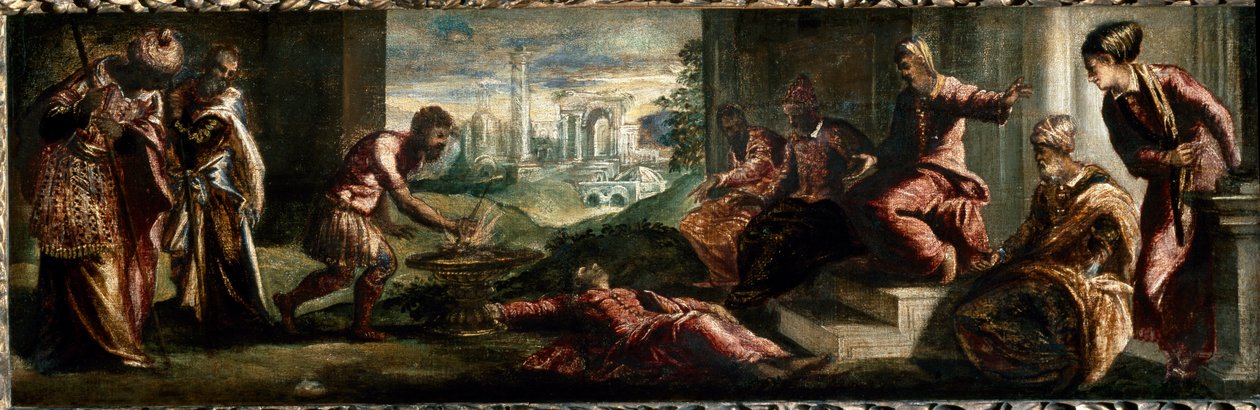 ポルセンナCaius Mucius Scaevolaの前で、火の中に手を突っ込むCaius Mucius Scaevola。(絵画 作： ヤコポロブスティティントレット