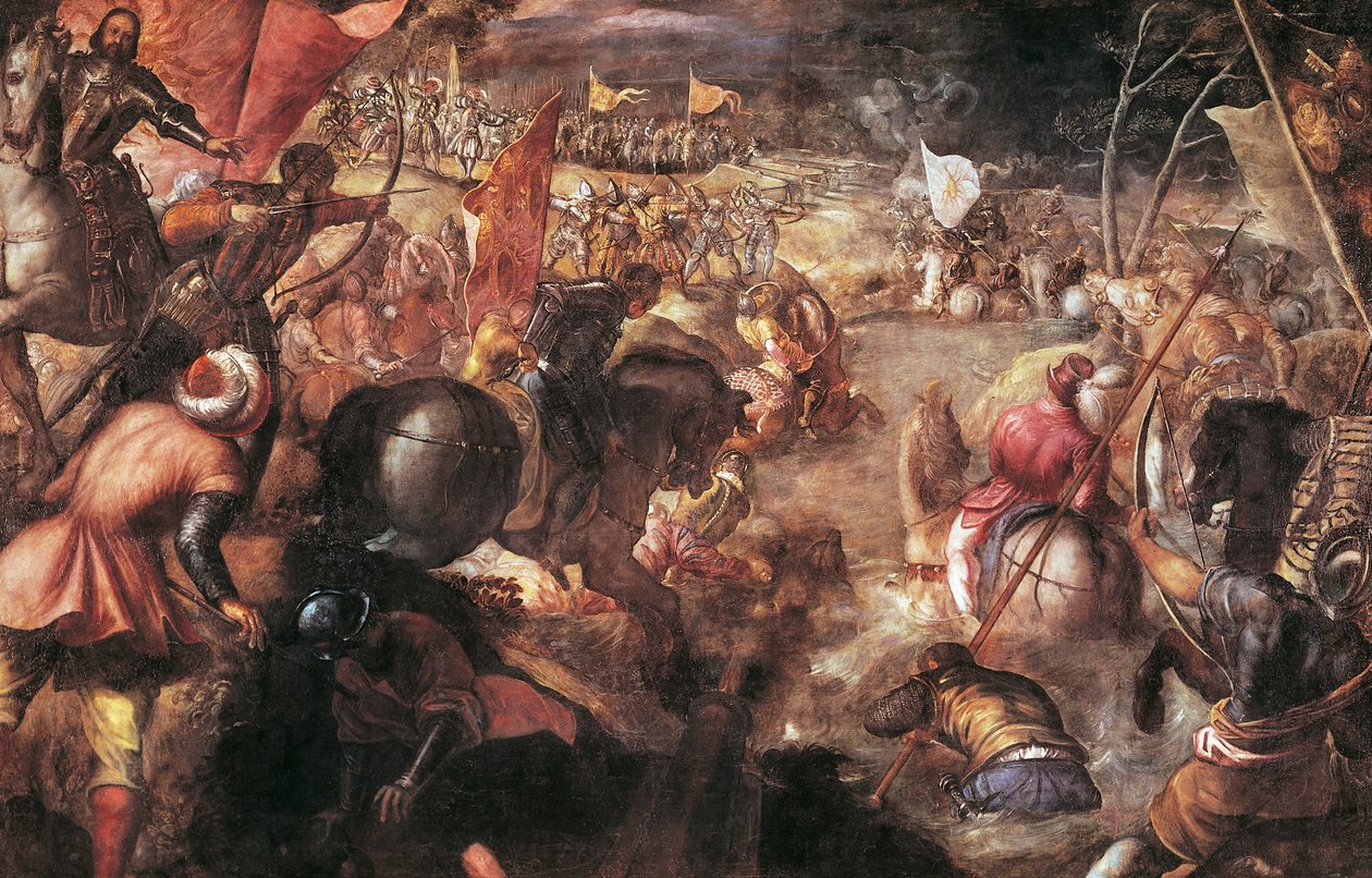 1495年、フランスのシャルル8世とのタロの戦いで戦うフランチェスコ2世ゴンザガ 作： ヤコポロブスティティントレット