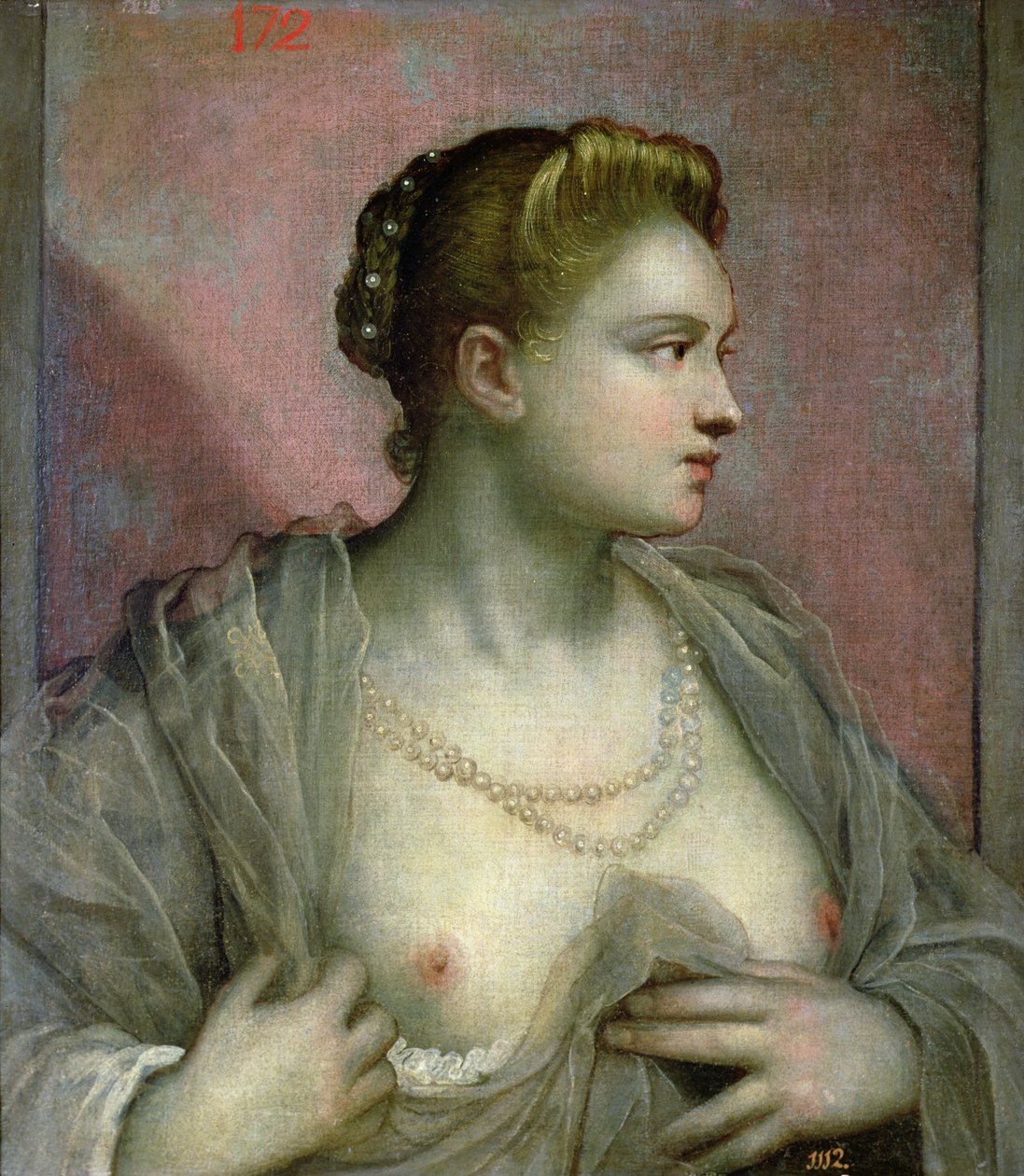 胸を露出する女性の肖像、c.1570 作： ヤコポロブスティティントレット