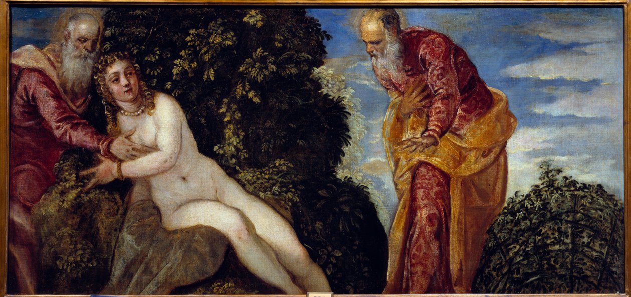 スザンヌと長老たち」 絵画 ヤコポ・ロブスティ（ティントレット）（1518-1594） 16世紀 日0.58x1.16 m マドリード、プラド美術館 作： ヤコポロブスティティントレット