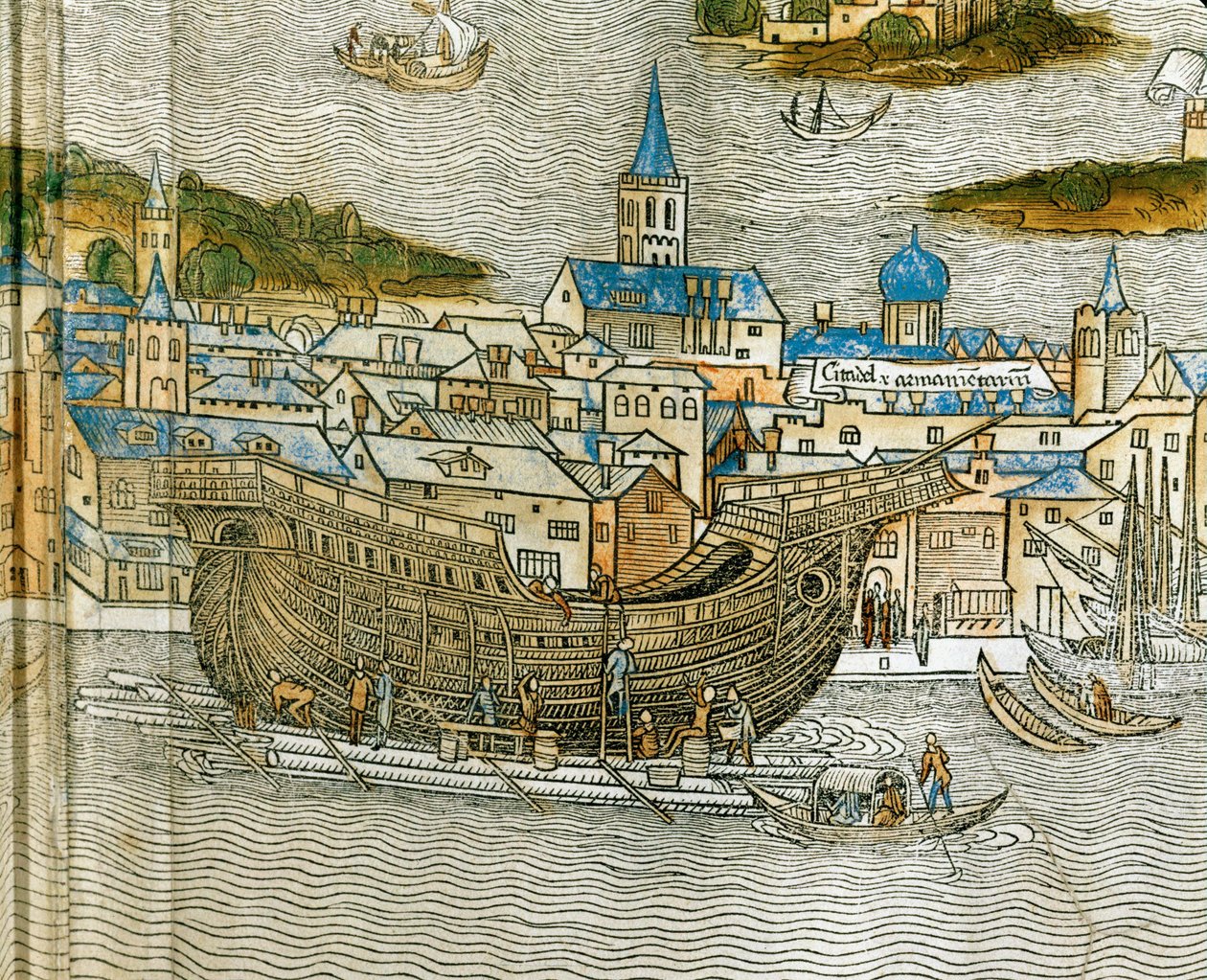 ヴェネツィアの造船所でガレー船を建造する様子（1486年にラテン語で印刷された『Peregrinatio in Terram Sanctam』より）（木版画 作： ヤコポ・デ・バルバリ