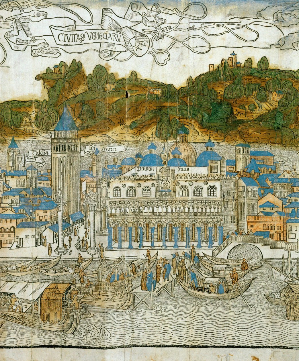 地震で破壊される前のヴェネツィアと古いカンパニエレ（1486年初版『Pregrinatio in Terram Sanctam』より）...（木版画 作： ヤコポ・デ・バルバリ