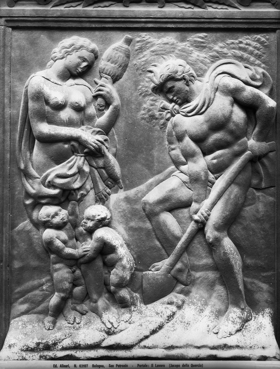 働かされるアダムとイブ、ポルタ・マグナのパネル、1430年頃（大理石製 作： ヤコポデラケルシア