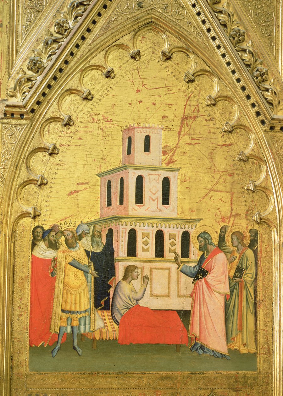 聖マタイの死者から、聖マタイの祭壇画と生涯からの場面で育てた聖マタイ、c.1367-70（パネル上のテンペラ） 作： ヤコポ ディ チョーネ