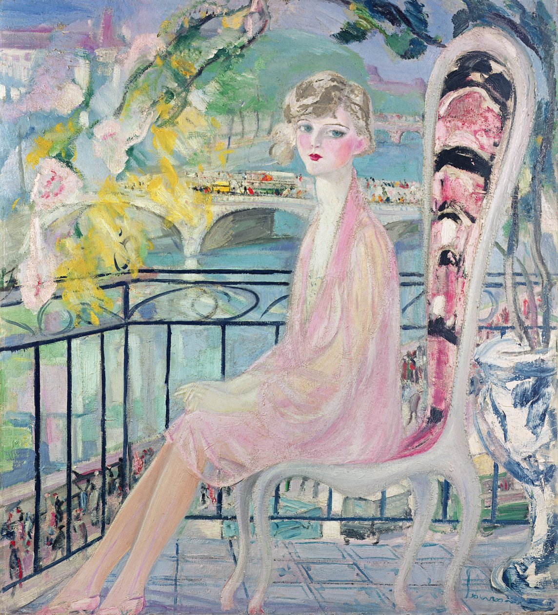 アルマの古い橋の前のバルコニーにドリーデイビスの肖像画 作： ジャクリーン・マーバル