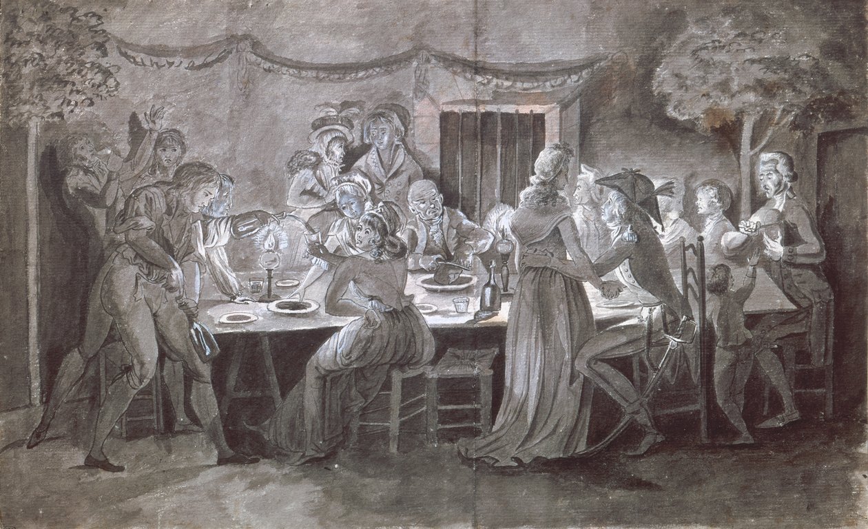 夕方の結婚式の食事（紙にペンとインクとガッシュ） 作： ジャック・ベルトー