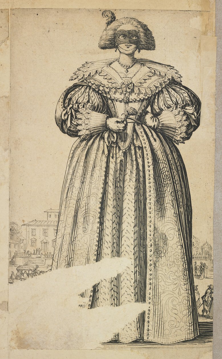 マスクされた貴婦人、ラノブレスデロレーヌ（verso）、c.1620-23から 作： ジャック・カロ