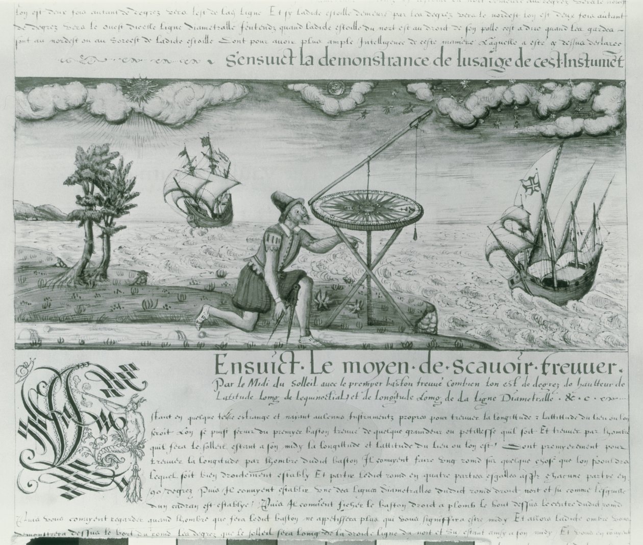 Ms Fr 150 fol.21r「セクスタントの使用法」、「Les Premieres Oeuvres de Jacques De Vaulx Pilote en la Marine」、1583（ペンとインク、紙で洗う） 作： ジャック・デヴォルクス