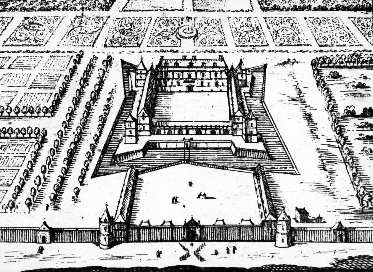 1620年代後半と1630年代にあった、ベルサイユ宮殿の王立小屋の眺め。ルイ13世王、1652年に建てられました。 作： ジャック・ゴンボウスト