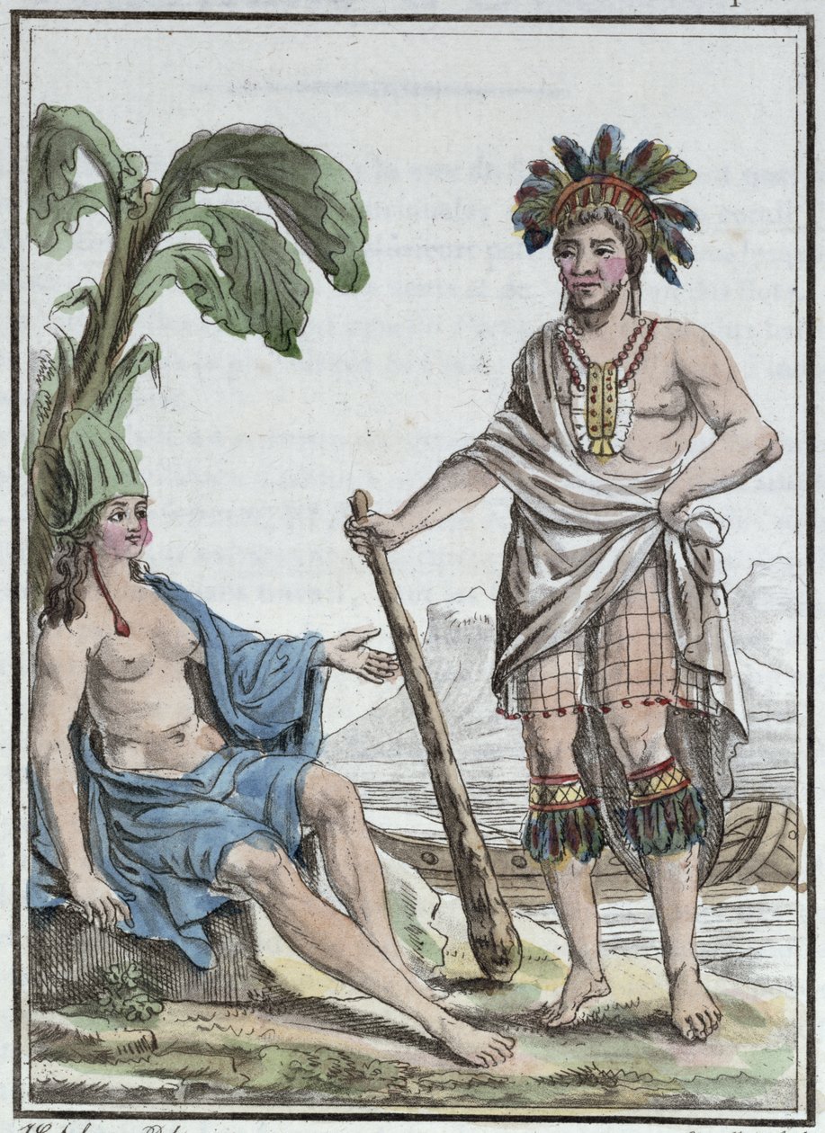 1810年に出版されたMixelleによって刻まれた「百科事典デヴォヤージュ」からのイースター島の男女 作： ジャック・グラッセ・ド・サンソヴール