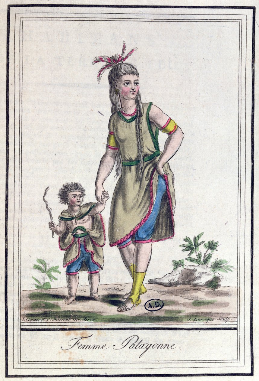 J.ラロックによって彫刻された「Encylopedie des Voyages」のパタゴニア女性、1796年発行 作： ジャック・グラッセ・ド・サンソヴール