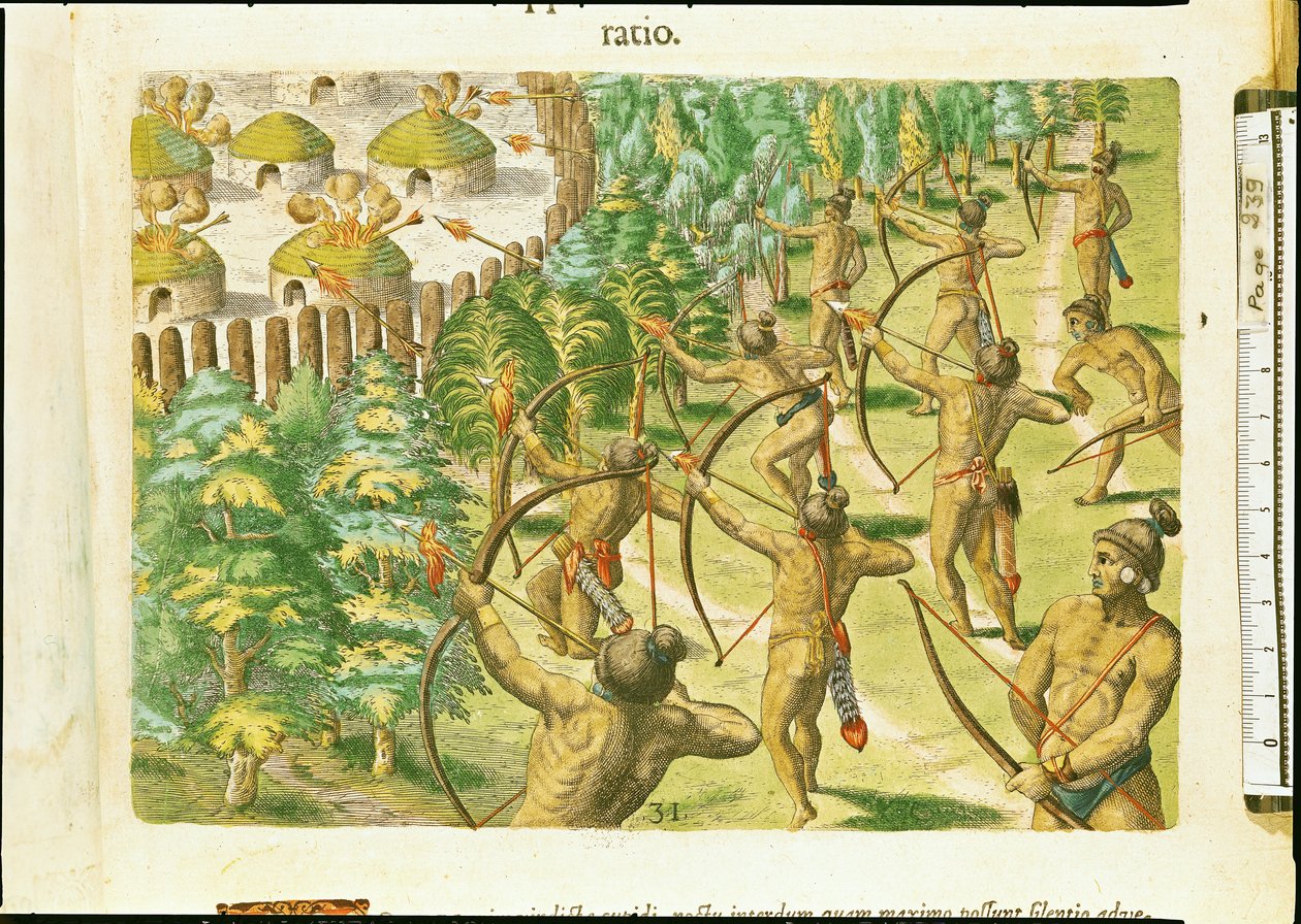 セオドア・ド・ブライ（1528-98）1591によって刻まれた「ブレビス・ナラティオ...」からの炎の矢でインディアンの村への攻撃 作： ジャック・ル・モイン