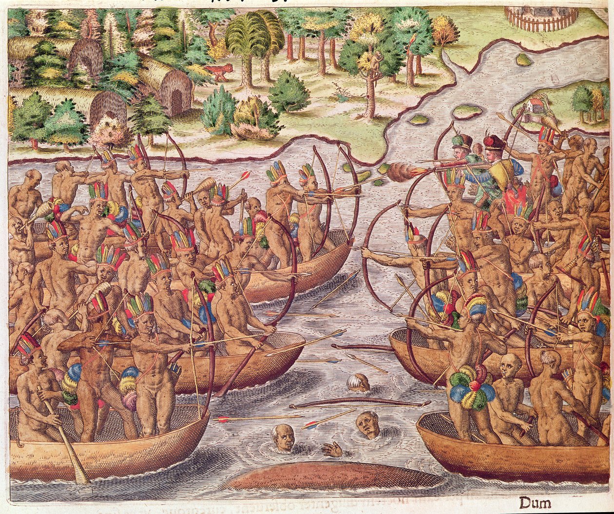 セオドア・ド・ブライ（1528-98）1564によって刻まれた「ブレビス・ナラティオ..」からのインディアン部族間の戦い 作： ジャック・ル・モイン