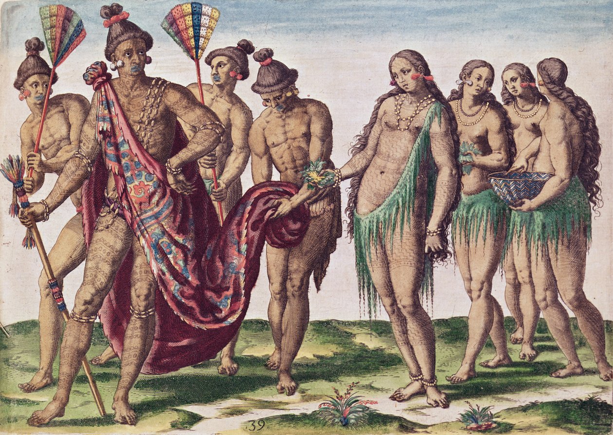 首席のサトゥリオナと妻は散歩に出かけます。セオドア・ド・ブライ（1528-98）によって彫刻された「ブレビス・ナラティオ..」からのプレートXXXIX 作： ジャック・ル・モイン