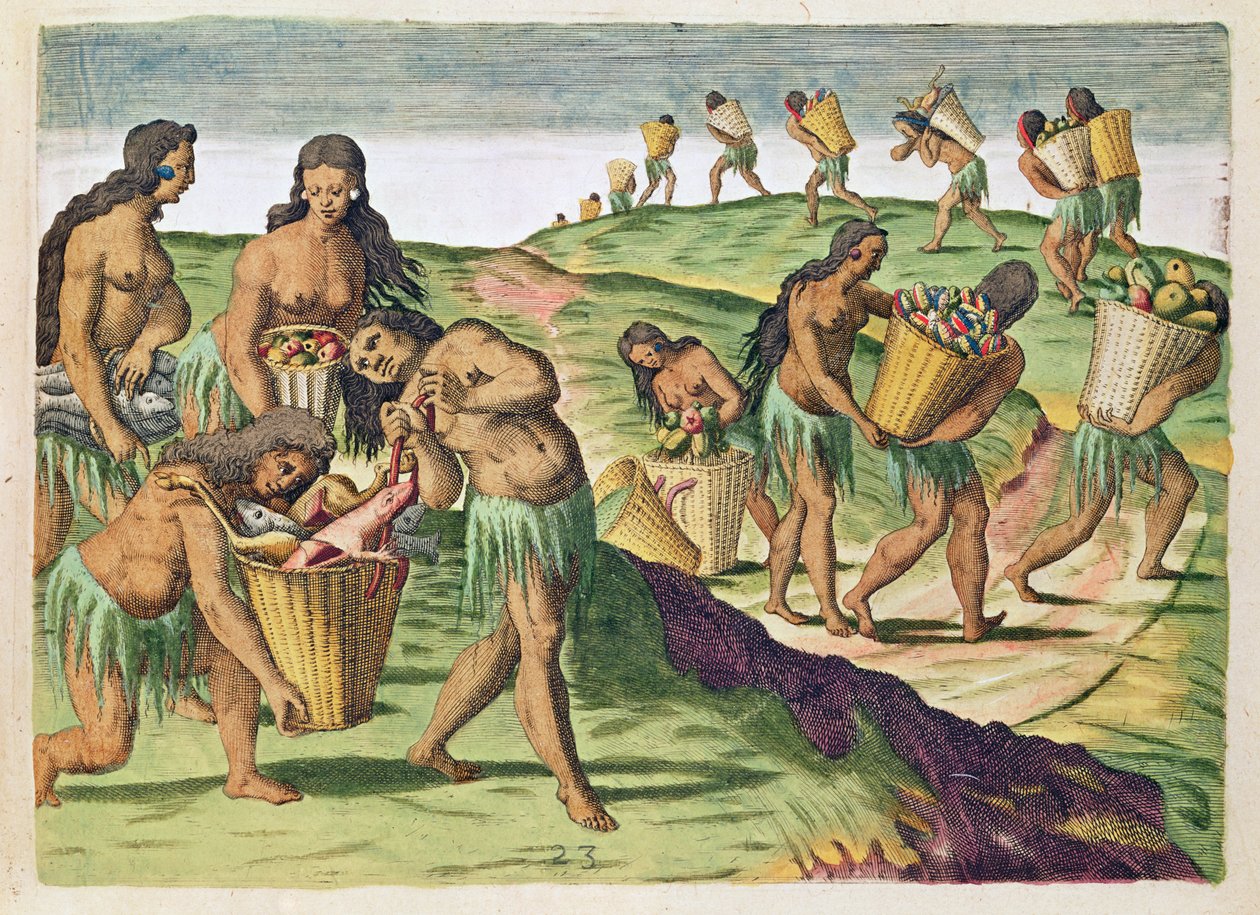 1591年フランクフルトで出版されたセオドア・ド・ブライ（1538-98）によって刻まれた「ブレビス・ナラティオ..」からの共同倉庫の食料の収集 作： ジャック・ル・モイン