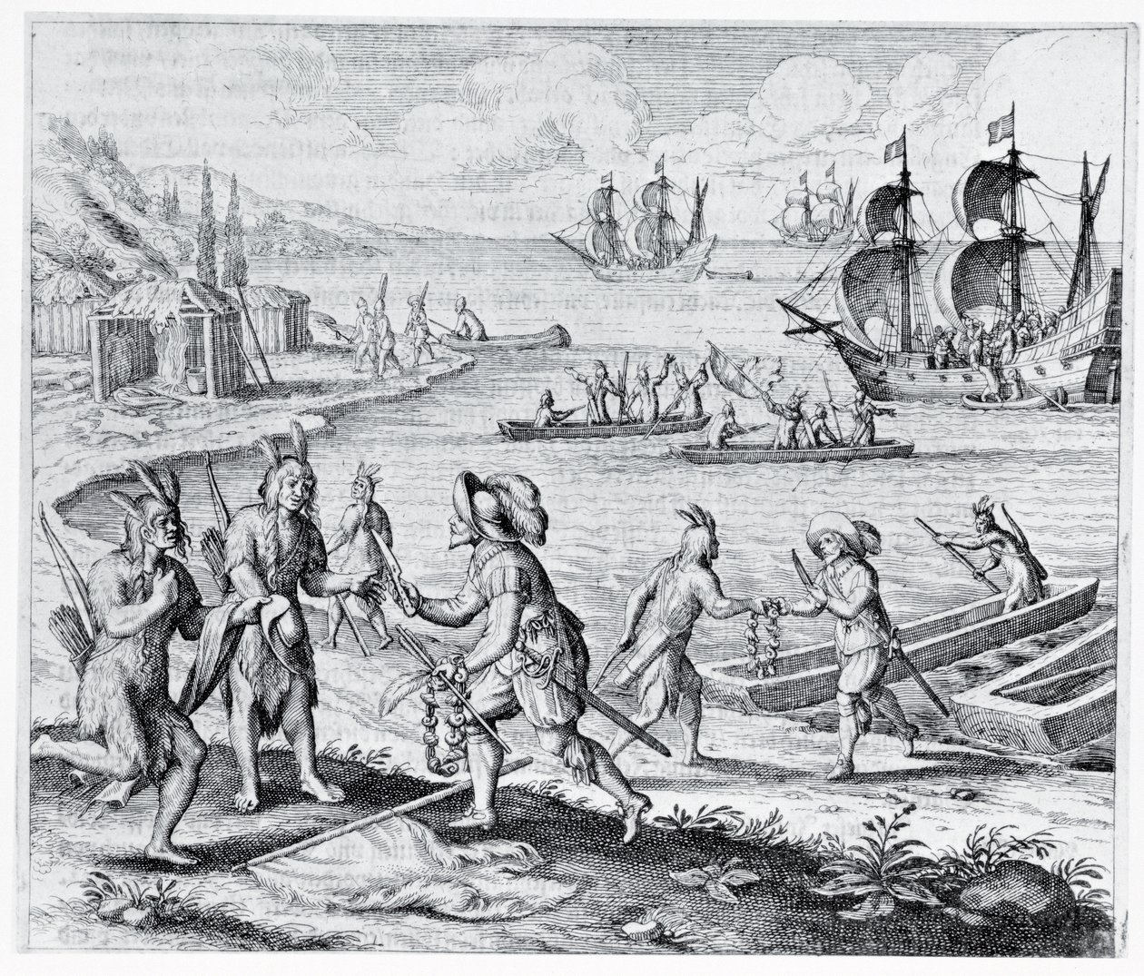 西インド諸島のインディアンとの英語の取引、「アメリカ大陸」から、テオドール・ド・ブライ（1525-75）によって書かれて彫刻された、1628 作： ジャック・ル・モイン
