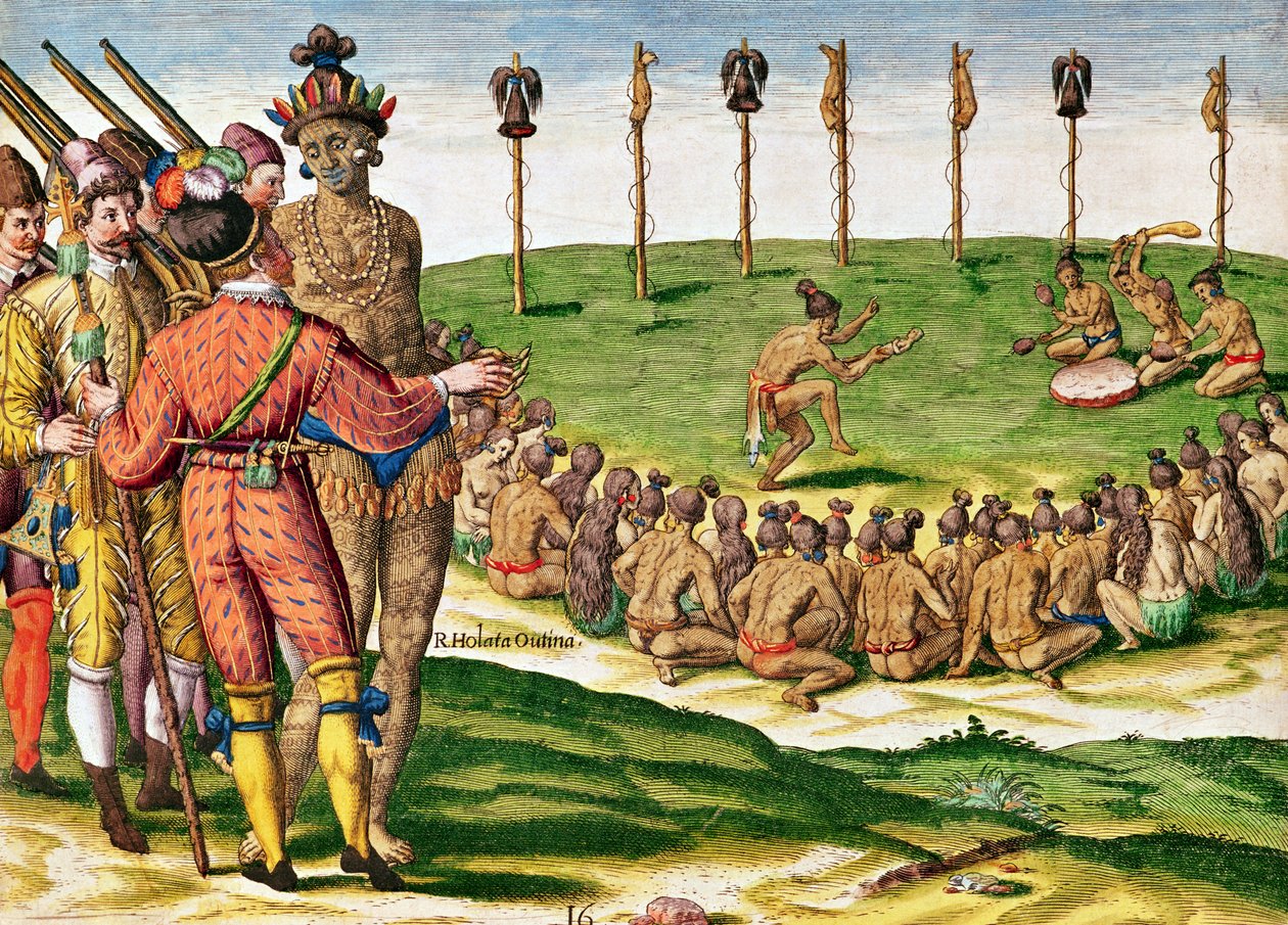 1591年フランクフルトで出版されたセオドア・ド・ブライ（1538-98）によって刻まれた「ブレビス・ナラティオ..」からのインドの表彰式 作： ジャック・ル・モイン