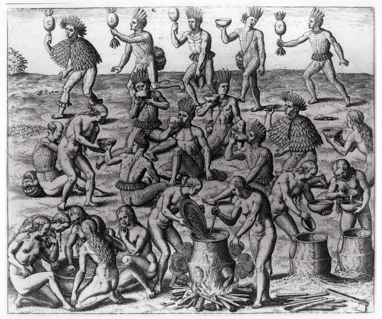 1593年の「アメリカ大陸」からセオドア・ド・ブライ（1528-98）によって彫刻されたマニオカの根を準備するインドの女性 作： ジャック・ル・モイン