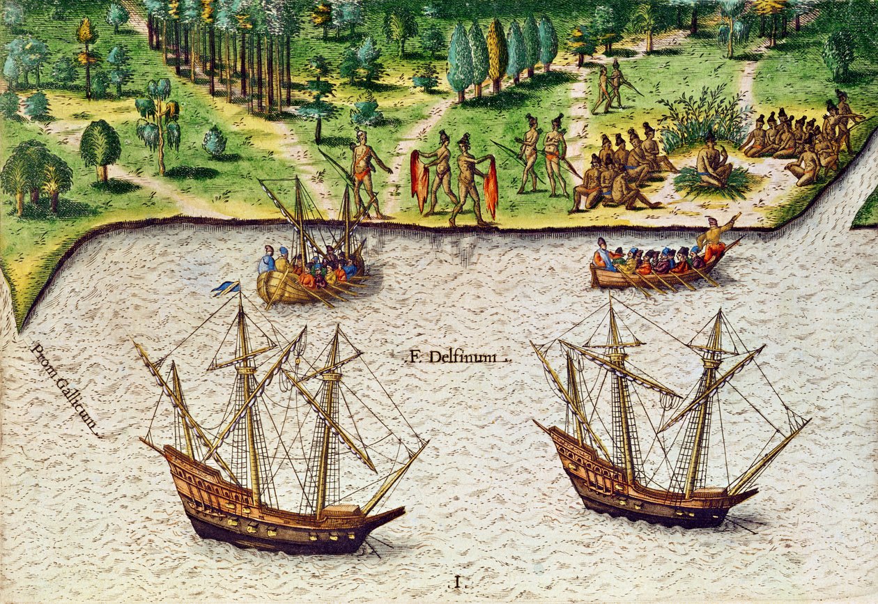 セオドア・ド・ブライ（1528-98）1563によって彫刻された「ブレビス・ナラティオ」のフロリダ岬（ガリカム）とドルフィン川（フルーブ・デルフィニウム） 作： ジャック・ル・モイン