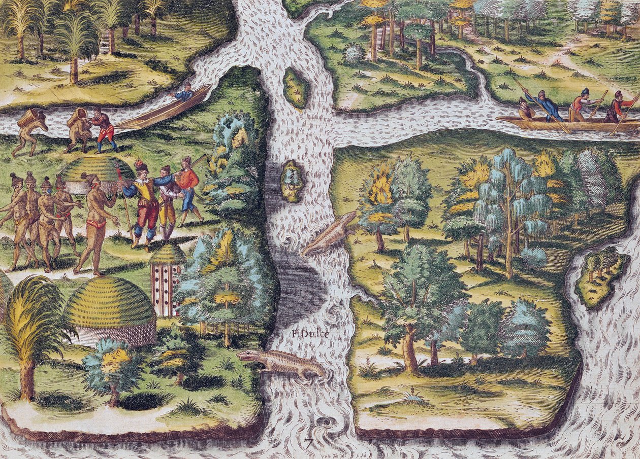 フランス人はテオドール・ド・ブライ（1528-88）1563によって刻まれた「ブレビス・ナラティオ..」から、食糧不足に苦しんでチャールズ砦に向かった。 作： ジャック・ル・モイン