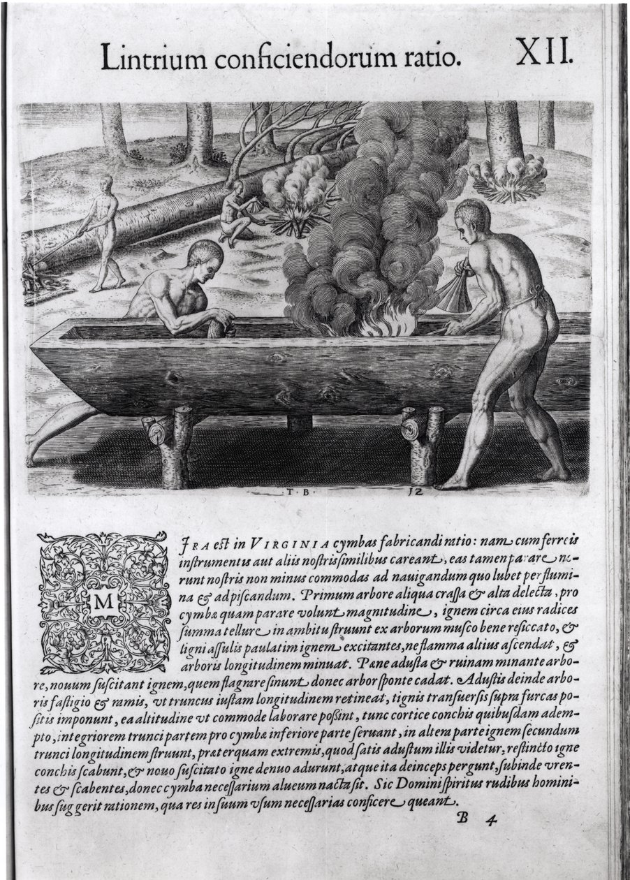 テオドール・ド・ブライ（1525-75）によって書かれ、刻まれた「アメリカ大陸」からダグアウトボートを作るバージニアインディアン 作： ジャック・ル・モイン