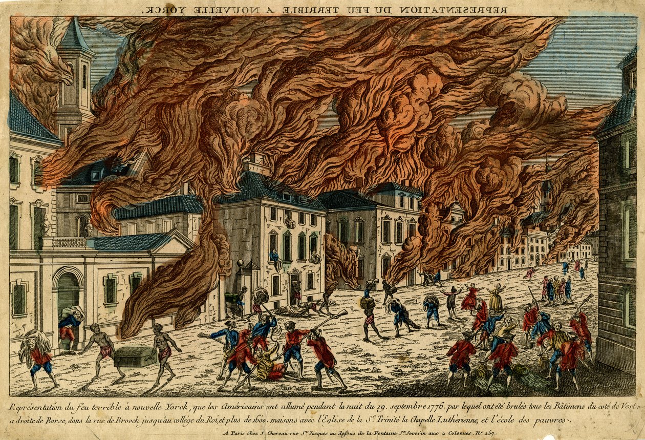 1776年9月19日、ニューヨークでの恐ろしい火の描写、日付なし（手彩色の彫刻） 作： ジャック・ザ・ヤンガー・シェロー
