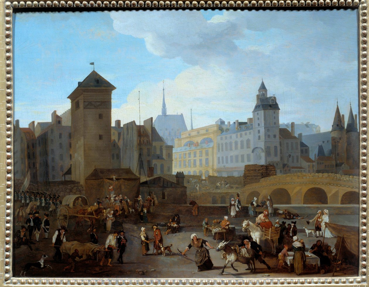 フランス革命。"View of the bridge and the pump Notre-Dame in Paris" ポンプはパリのいくつかの噴水に水を供給しており、商人、負傷者を運ぶ救急隊員、逃げ惑う兵士などの日常生活のシーンが描かれています。ジャック・アルベール・セナーヴ（1755-1）による絵画 作： ジャック・アルバート・セナベ
