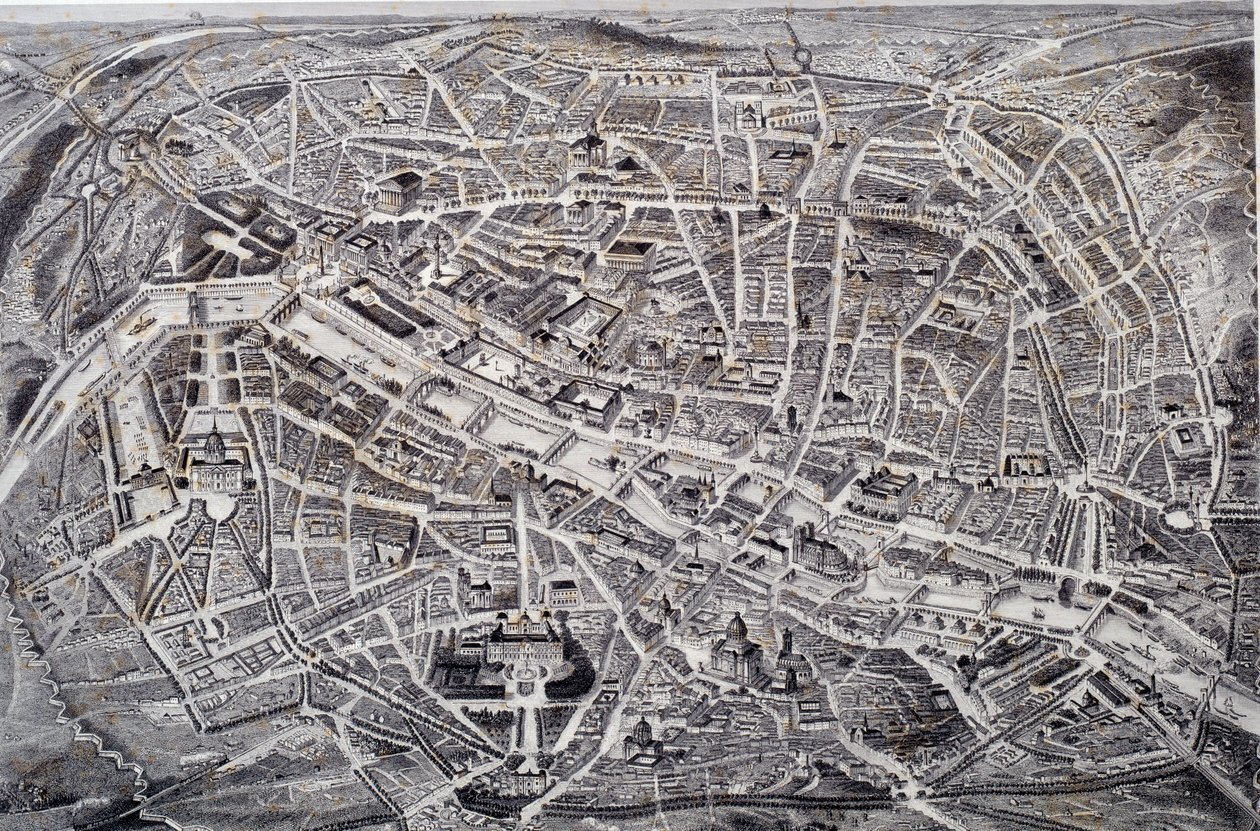レリーフされたパリの地図と、その周辺や要塞を描いた鳥瞰図。ジャック・アルフォンス・テスタールのガルヴュール（1810-？ 19世紀 パリ、カルナヴァレ美術館 作： ジャック・アルフォンス（後）テスタード