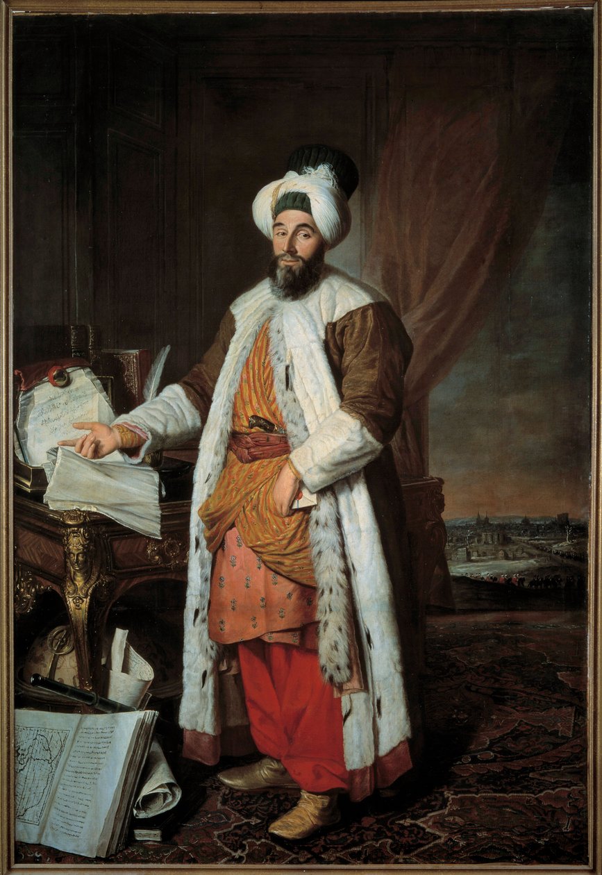 Ganzkörperporträt von Mehemet Said Pasha Bey de Roumelie, Botschafter von Sultan Mahmud I. in Versailles im Jahr 1742. Gemälde von Jacques André Joseph Aved, genannt le Camelot oder Avet le Batave (1702-1766) von Jacques Andre Joseph Camelot Aved